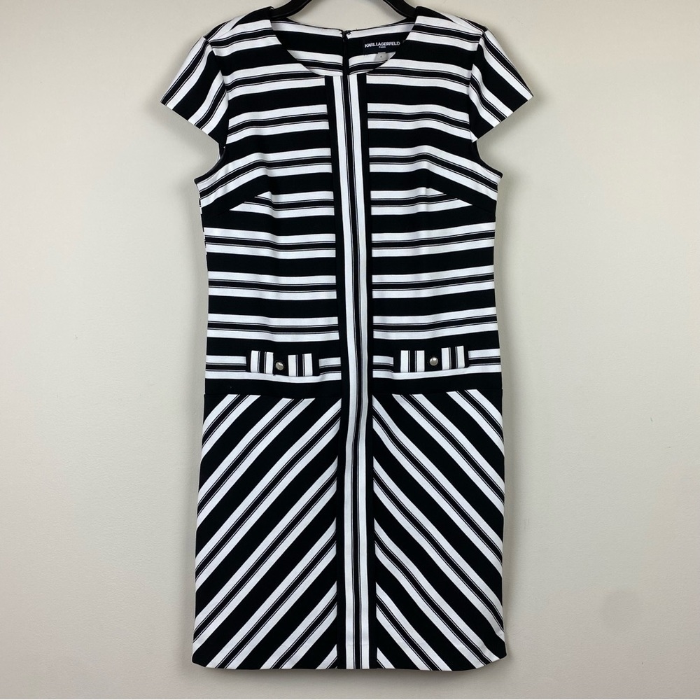 Karl Lagerfeld Paris Mod 1960s Style Black &‎ White Stripe Shift Dress, Size 6